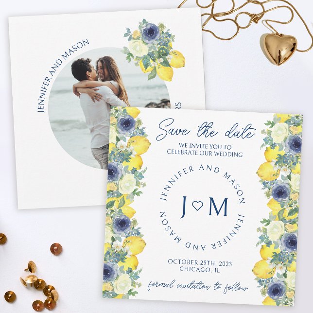Blue yellow floral lemon Save the date photo Invitation (Creator Uploaded)
