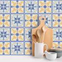 Blue Yellow Floral Mosaic Tile Pattern Peel Stick