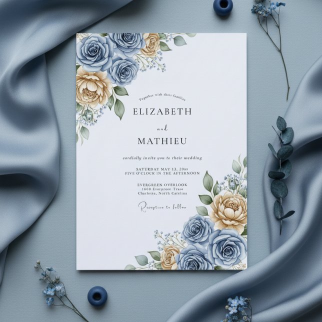 Blue Yellow Floral Romantic Wedding Invitation (Creator Uploaded)