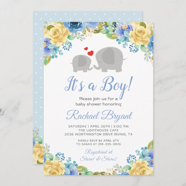 Blue Yellow Floral Roses Boy Elephant Baby Shower Invitation (Front/Back)