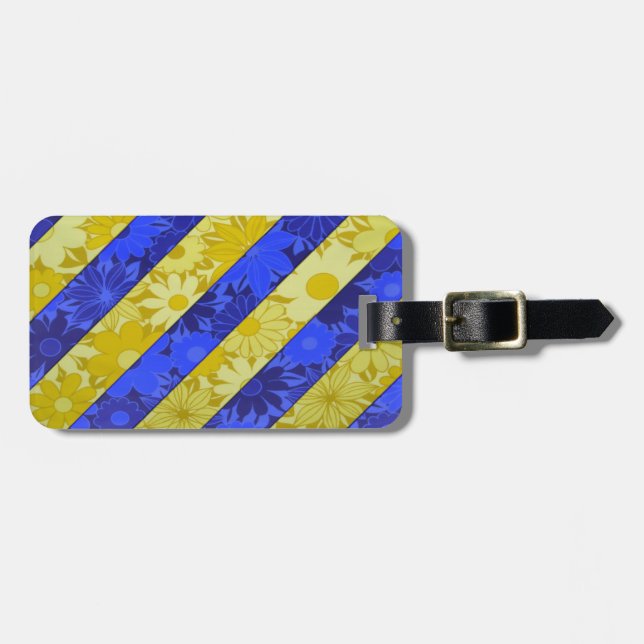 Blue & Yellow Floral Stripes Pattern Luggage Tag (Front Horizontal)