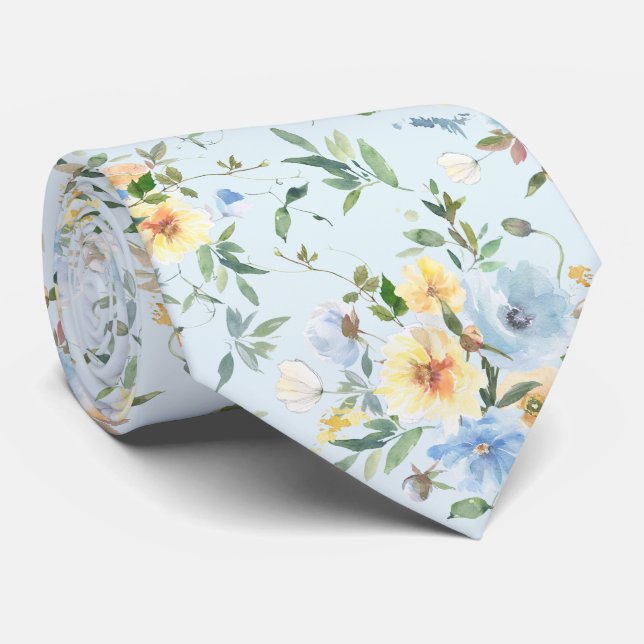 Blue Yellow Floral Watercolor Neck Tie Necktie (Rolled)