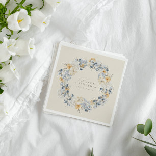 Blue Yellow Floral Watercolor Wreath Wedding Napkin