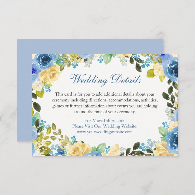 Blue Yellow Floral Wedding Details Enclosure Card (Front/Back)