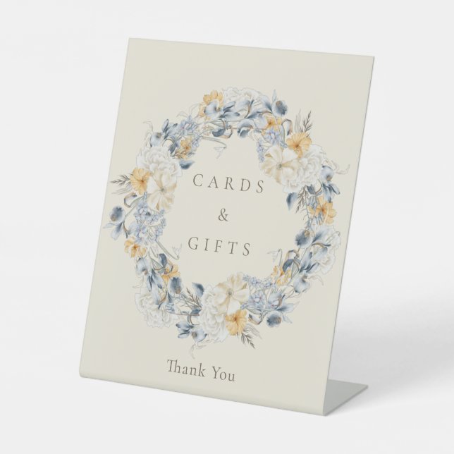 Blue Yellow Floral Wreath Wedding Cards and Gifts  Pedestal Sign (Front)