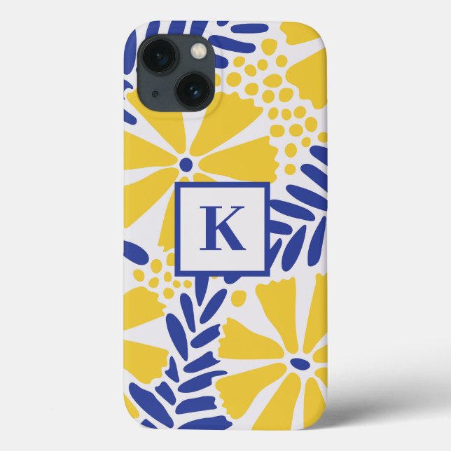 Blue & Yellow Flower Pattern Monogram Case-Mate iPhone Case (Back)