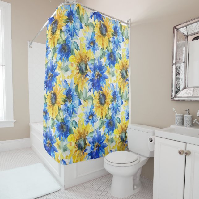 Blue Yellow Flowers Birthday Shower Curtain (In Situ)