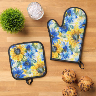 Blue Yellow Flowers Bridal Shower Oven Mitt & Pot Holder Set