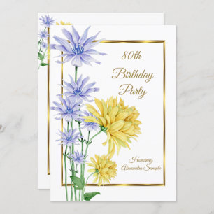 Blue Yellow Flowers Gold Birthday Party Invite