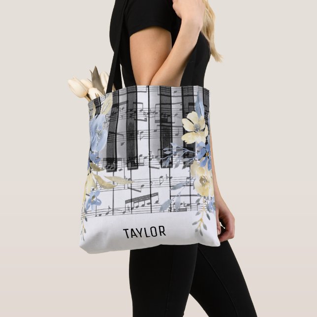 blue yellow flowers music notes piano tote bag (Close Up)