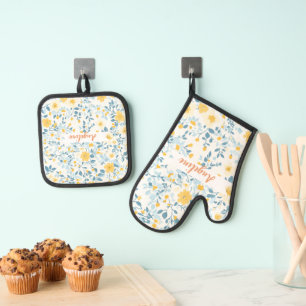 Blue & Yellow Flowers "My Lovely Mum" custome Oven Mitt & Pot Holder Set