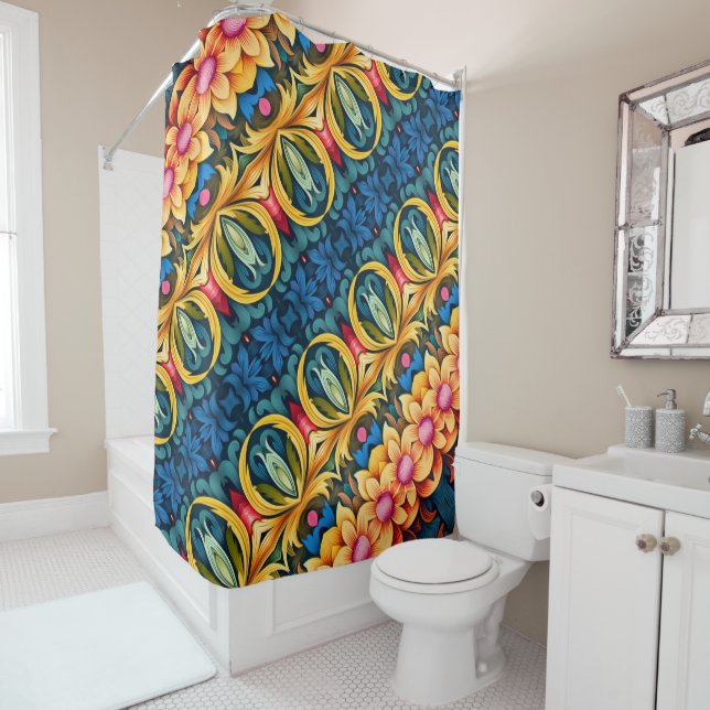 blue yellow Flowers Shower Curtain (In Situ)