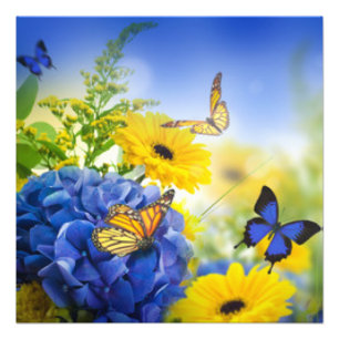 Blue Yellow Flowers With Butterflies Photo Print
