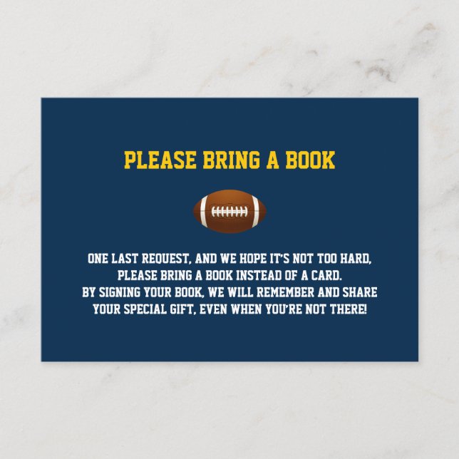 Blue Yellow FOOTBALL Bring a BOOK baby shower Enclosure Card (Front)