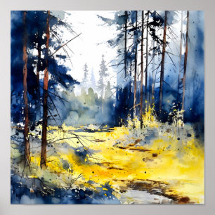 Blue Yellow Forest Painting Poster
