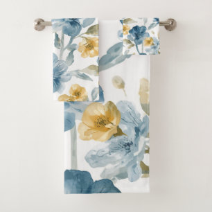 Blue Yellow Garden Flowers Botanical Pattern Bath Towel Set