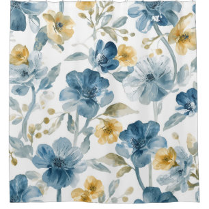 Blue Yellow Garden Flowers Botanical Pattern Shower Curtain