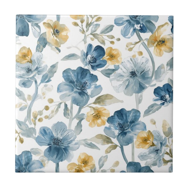 Blue Yellow Garden Flowers Botanical Pattern Tile (Front)