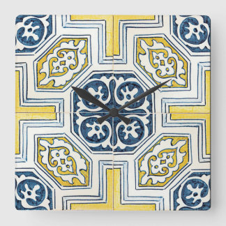 Blue Yellow Geometric Floral Tile Art Square Wall Clock