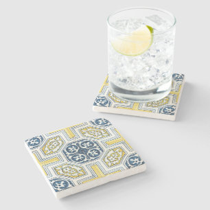 Blue Yellow Geometric Pattern Vintage Stone Coaster