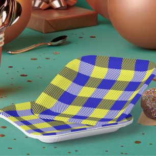 Blue Yellow Gingham Check Design Paper Plate