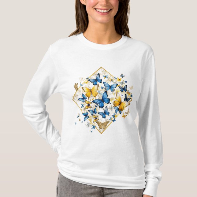 Blue Yellow & Gold Butterfly Release Long Sleeve T-Shirt (Front)