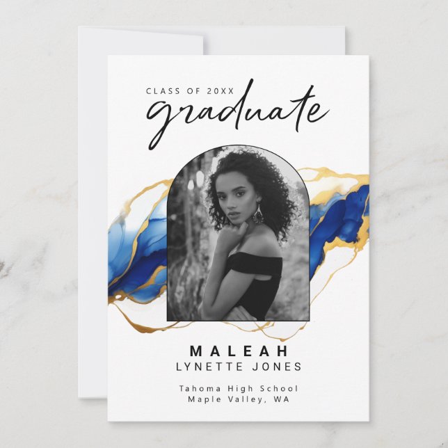 Blue Yellow Gold Elegant Arch Photo Graduation Announcement (Front)