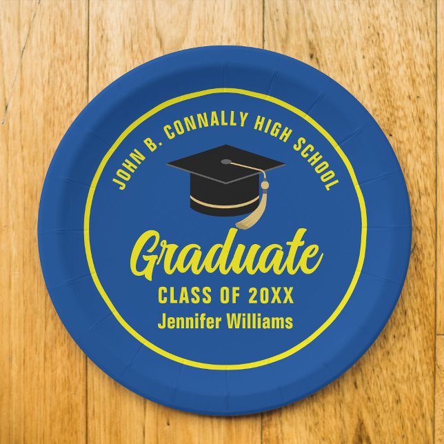 Blue Yellow Graduate Custom Graduation Party Paper Plate (Creator Uploaded)