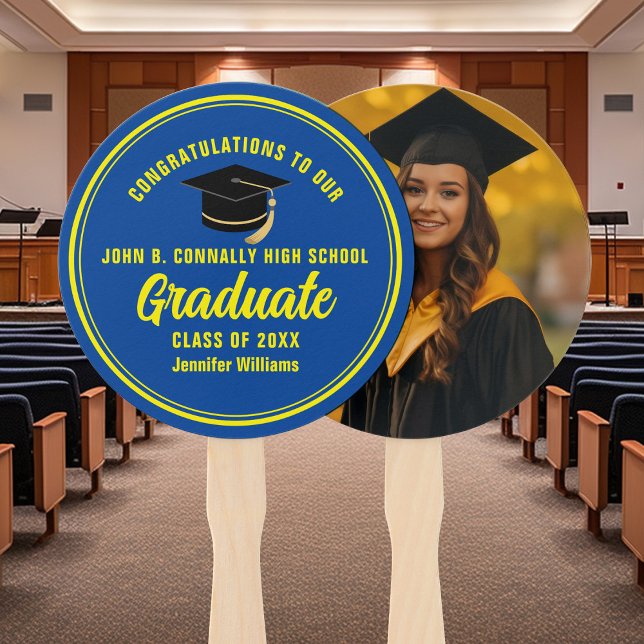 Blue Yellow Graduate Photo Graduation Party Hand Fan (Creator Uploaded)