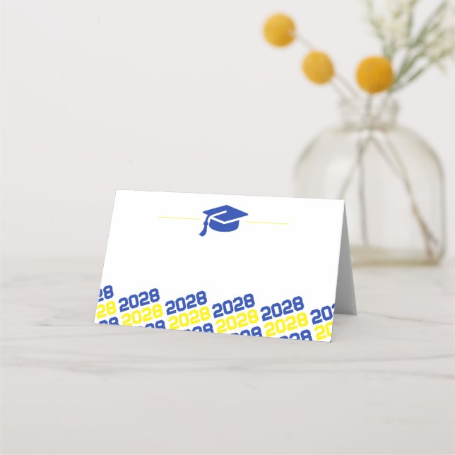 Blue Yellow Graduation Cap Folding Label, Food or Place Card (Back)