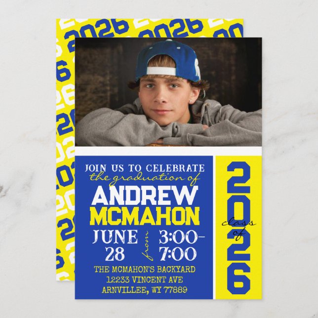 Blue & Yellow Graduation Photo Invitation (Front/Back)