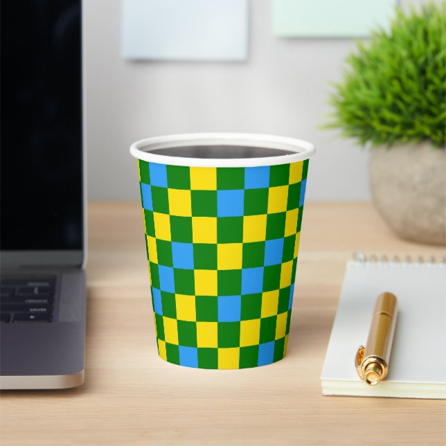 Blue Yellow Green Chequered Pattern Design  Paper Cups (Insitu)