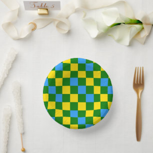 Blue Yellow Green Chequered Pattern Design  Paper Plate