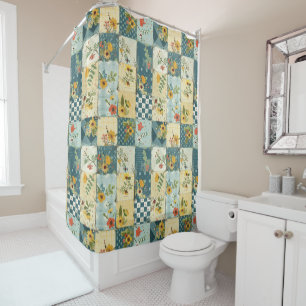 Blue Yellow Green Patchwork Quilt Floral Retro  Shower Curtain