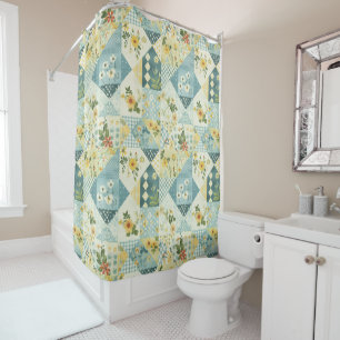 Blue Yellow Green Patchwork Quilt Floral Retro  Shower Curtain