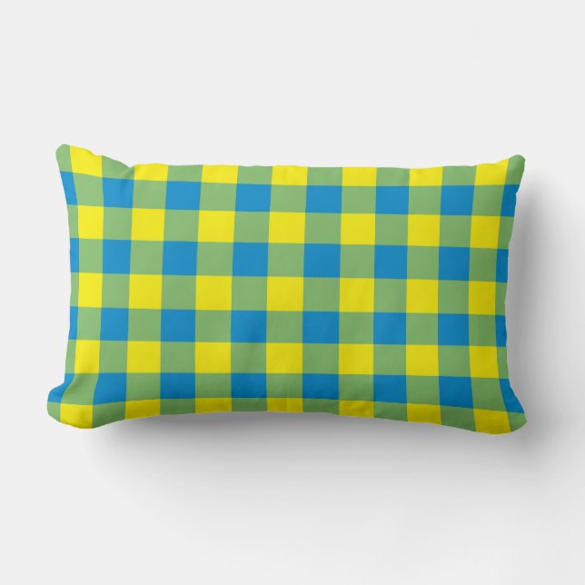 Blue Yellow Green Plaid Chequered Pattern Lumbar Cushion (Front)