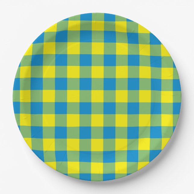 Blue Yellow Green Plaid Chequered Pattern Paper Plate (Front)
