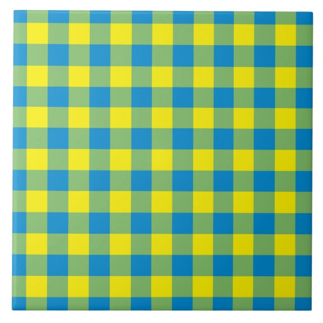 Blue Yellow Green Plaid Chequered Pattern Tile (Front)