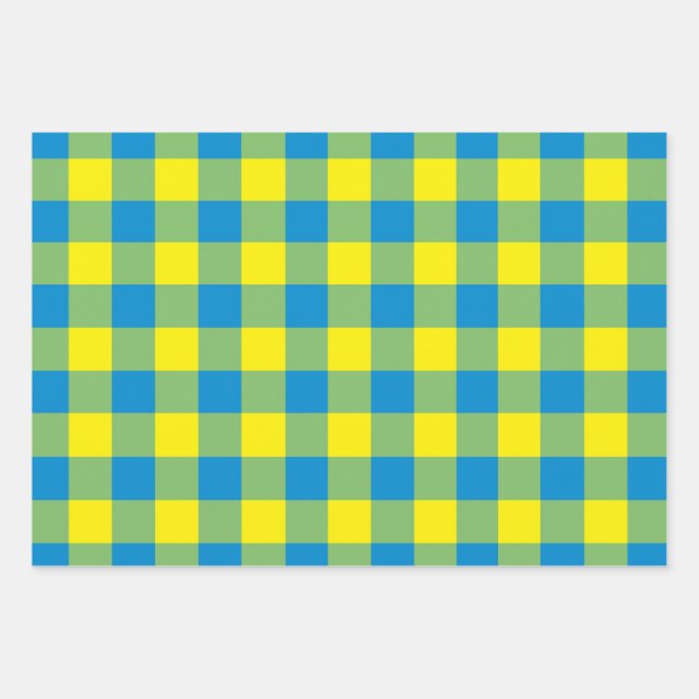 Blue Yellow Green Plaid Chequered Pattern Wrapping Paper Sheet (Front)