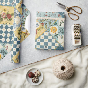 Blue Yellow Green Quilt Gingham Cottagecore Floral Wrapping Paper