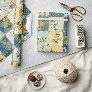 Blue Yellow Green Quilt Gingham Cottagecore Floral Wrapping Paper