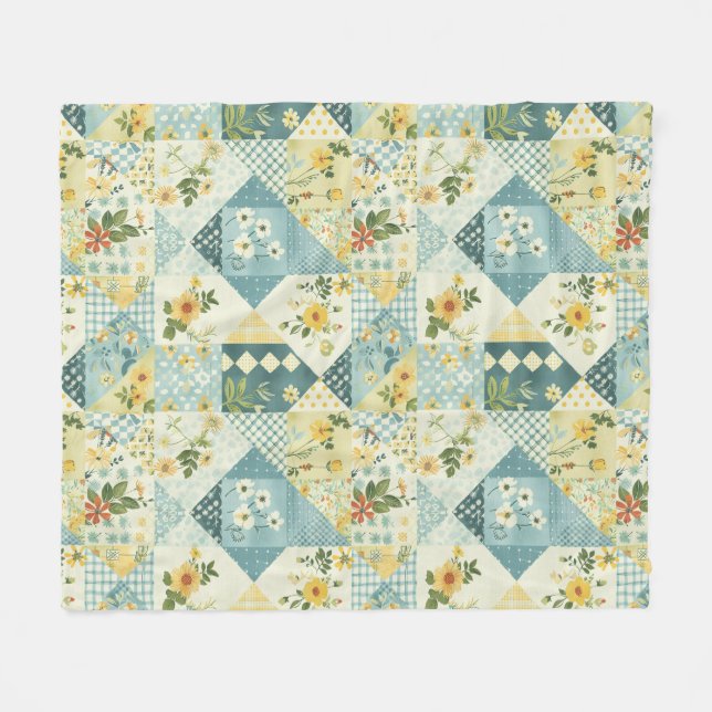 Blue Yellow Green Quilt Patchwork Gingham Floral Fleece Blanket (Front (Horizontal))