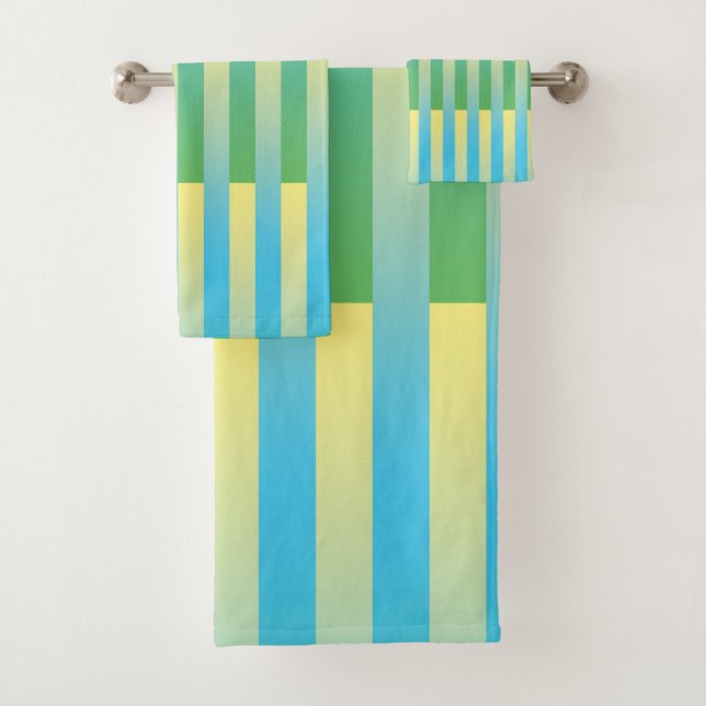 Blue Yellow Green Striped Pattern Bath Towel Set (Insitu)