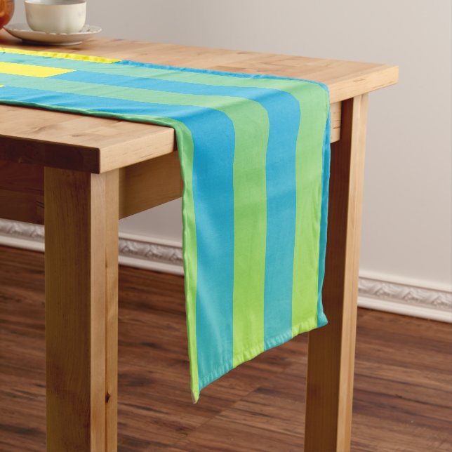 Blue Yellow Green Striped Pattern Short Table Runner (In Situ)
