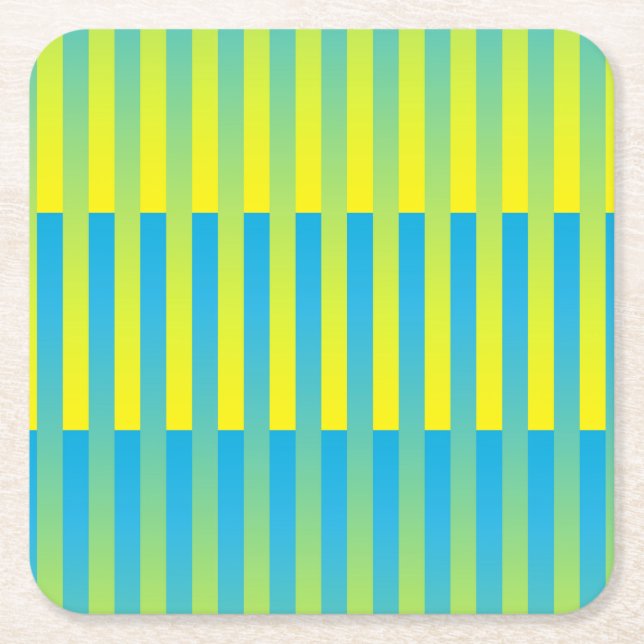 Blue Yellow Green Striped Pattern Square Paper Coaster (Front)