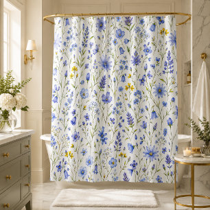 Blue Yellow Green Watercolor Wildflower Pattern Shower Curtain