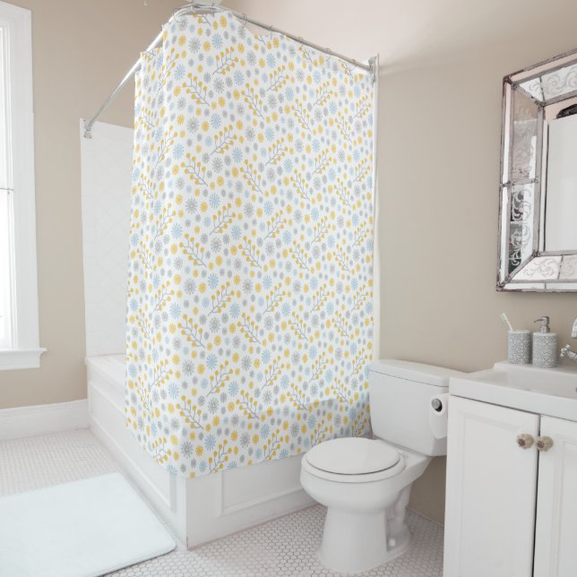 Blue Yellow & Grey Modern Floral Shower Curtain (In Situ)
