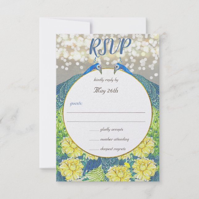 Blue Yellow Grey Peacock Wedding Invitation RSVP (Front)