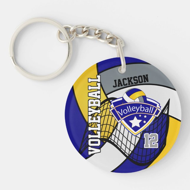 Blue, Yellow & Grey Personalise Volleyball Design Key Ring (Front)