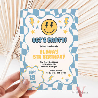 Blue Yellow Groovy Smile Chequered Retro Birthday Invitation